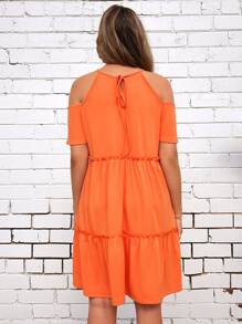 SHEIN LUNE 挖肩水溶蕾絲拼接褶邊荷葉邊洋裝 - 橘色 - 查看 2