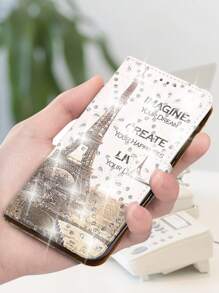 GLANDOTU Phone Case Wallet PU Leather Bag Glitter Girl White Tower Flip Case Compatible With Samsung Galaxy  And Other Phone Models