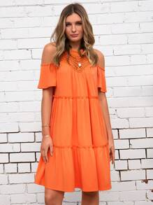 SHEIN LUNE 挖肩水溶蕾絲拼接褶邊荷葉邊洋裝 - 橘色 - 查看 6