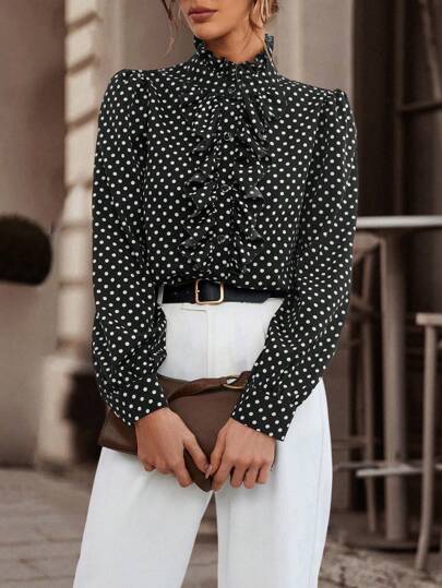 Chiquease Polka Dot Print Ruffle Trim Blouse,Ladies Elegant Button,Frill Long Sleeve Stand Collar Regular Fit Regular Black Bishop Sleeve Shirt Women Blouses,Spring/Fall ,Casual Daily Wear,Long Sleeve Tops