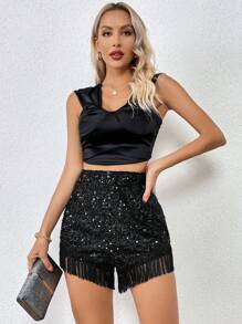 Allurite 流蘇下擺亮片短褲 - 黑色 - 查看 3