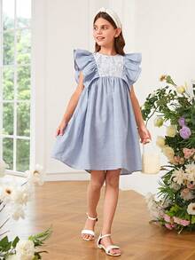 SHEIN 女孩條紋圖案蕾絲拼接後綁帶蝴蝶結荷葉邊連衣裙 - 淺藍色 - 查看 4