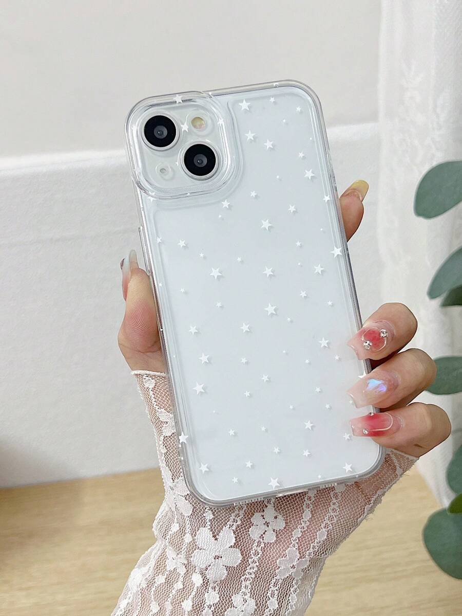 1pc White Star Transparent Minimalist Shockproof TPU Phone Case, Suitable For IPhone 11 12 13 14 15 16 17 Pro Max - White - View 1