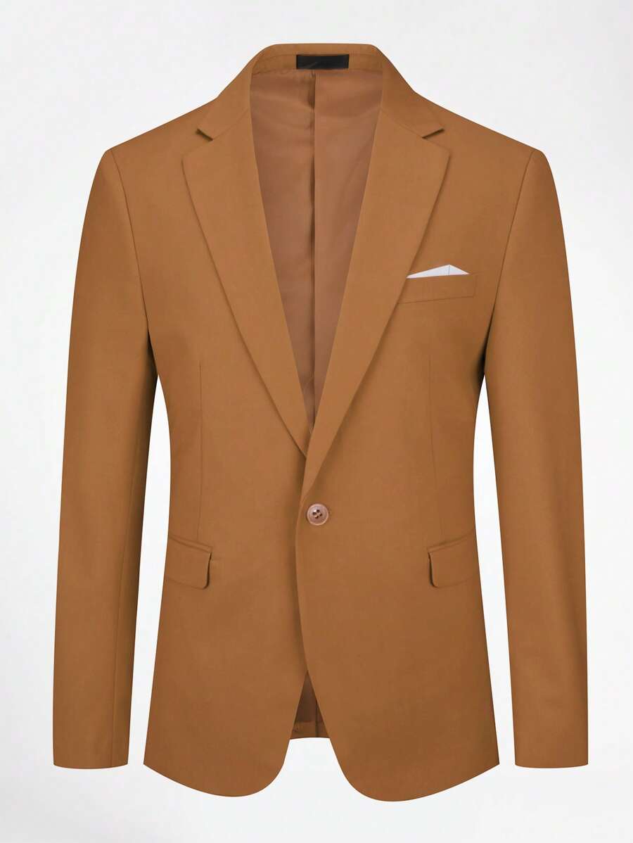 CLOUDSTYLE Men Lapel Neck Single Button Blazer - Brown - View 1