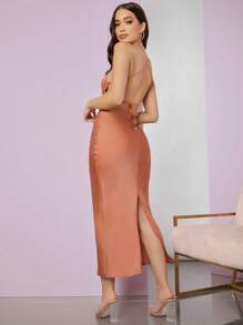 SHEIN BAE Lace Up Backless Split Back Satin Dress - Dusty Pink - View 2