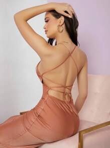 SHEIN BAE Lace Up Backless Split Back Satin Dress - Dusty Pink - View 4
