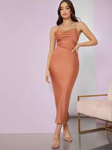 SHEIN BAE Lace Up Backless Split Back Satin Dress - Dusty Pink - View 5