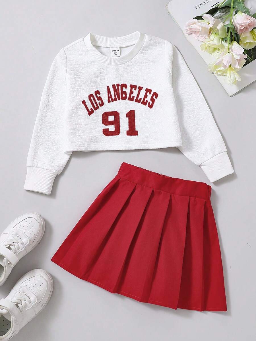 小女童字母圖案套頭衫和百褶半身裙 - 紅白色 - 查看 1