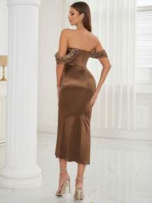 Off Shoulder Contrast Mesh Mermaid Hem Dress - Brown - View 3