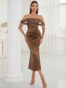Off Shoulder Contrast Mesh Mermaid Hem Dress - Brown - View 4
