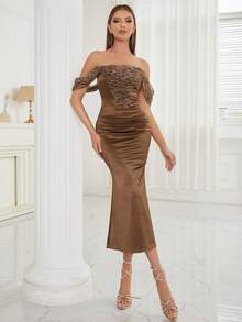 Off Shoulder Contrast Mesh Mermaid Hem Dress - Brown - View 5