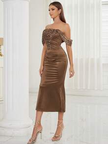 Off Shoulder Contrast Mesh Mermaid Hem Dress - Brown - View 7