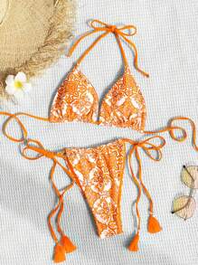 SHEIN Swim Summer Beach Floral Print Tassel Decor Halter Triangle Bikini Set, Orange Bathing Suit
