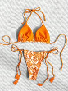 SHEIN Swim Summer Beach Floral Print Tassel Decor Halter Triangle Bikini Set, Orange Bathing Suit