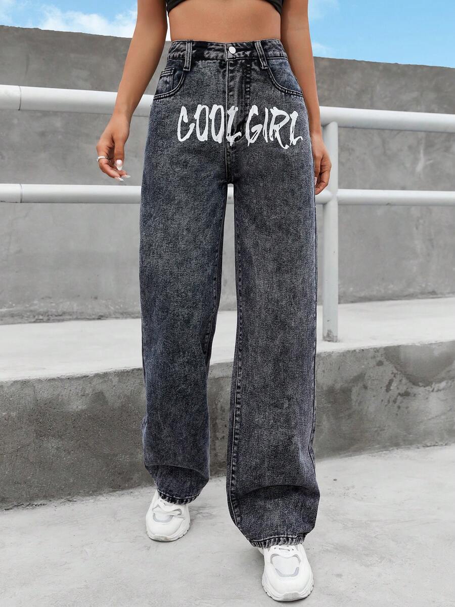 高腰字母圖案闊腿牛仔褲 - 灰色 - 查看 1