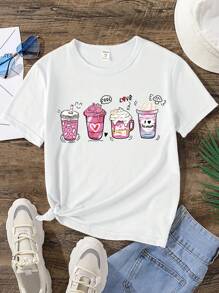 SHEIN Tween Girl Thời Trang Đồ Uống Ly Cà Phê In Họa Tiết Áo Thun Tay Ngắn Màu Trắng Cơ Bản - trắng - Xem 1
