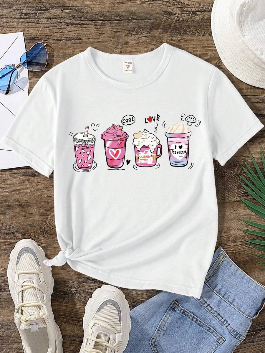 SHEIN Tween Girl Thời Trang Đồ Uống Ly Cà Phê In Họa Tiết Áo Thun Tay Ngắn Màu Trắng Cơ Bản - trắng - Xem 1