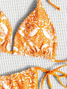 SHEIN Swim Summer Beach Floral Print Tassel Decor Halter Triangle Bikini Set, Orange Bathing Suit
