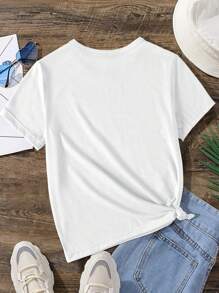 SHEIN Tween Girl Thời Trang Đồ Uống Ly Cà Phê In Họa Tiết Áo Thun Tay Ngắn Màu Trắng Cơ Bản - trắng - Xem 2