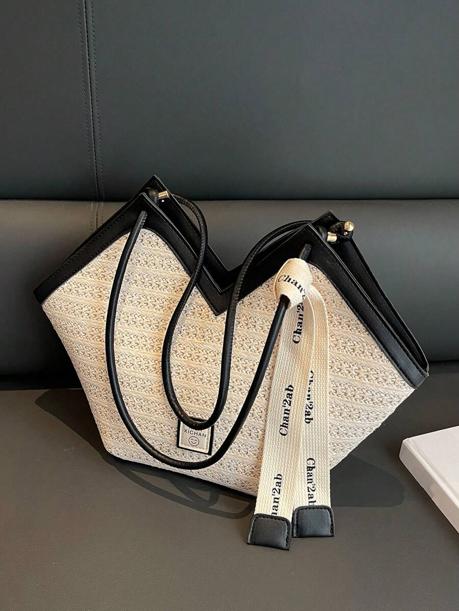 字母織帶裝飾草編包雙把手度假 - 彩色 - 查看 1