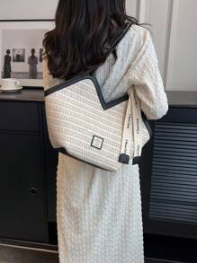 字母織帶裝飾草編包雙把手度假 - 彩色 - 查看 3