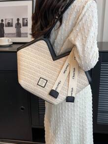 字母織帶裝飾草編包雙把手度假 - 彩色 - 查看 4