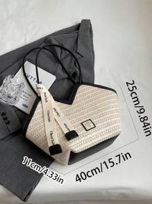 字母織帶裝飾草編包雙把手度假 - 彩色 - 查看 7