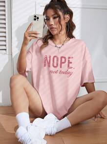 INAWLY Slogan Graphic Drop Shoulder Tee Graphic Tees Women Tops - Baby Pink - View 1