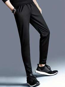 Running Men Solid Slant Pocket Sports Trousers - Black - View 3
