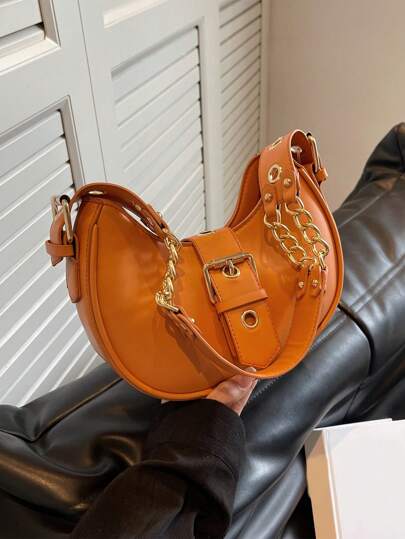 熒光橙搭扣裝飾流浪包鏈條帶小