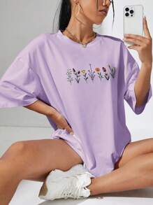 SHEIN EZwear Floral Print Drop Shoulder Tee - Purple - View 1