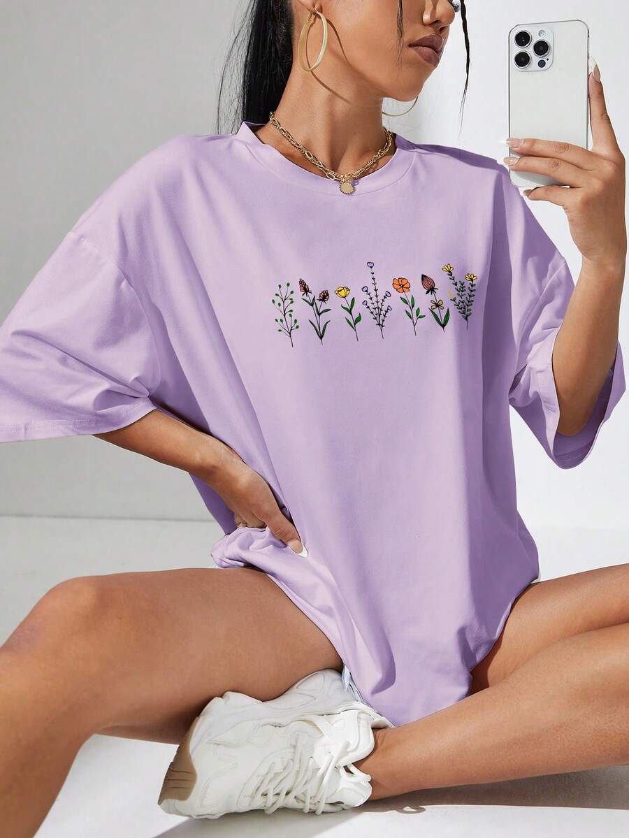 SHEIN EZwear Floral Print Drop Shoulder Tee - Purple - View 1