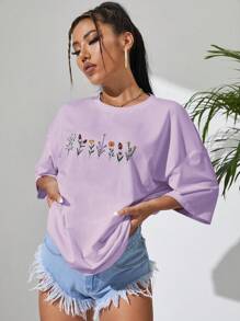 SHEIN EZwear Floral Print Drop Shoulder Tee - Purple - View 3