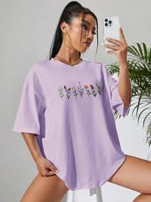 SHEIN EZwear Floral Print Drop Shoulder Tee - Purple - View 5
