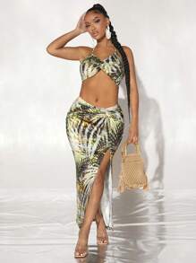 SHEIN SXY 熱帶圖案繞頸短上衣和高衩半身裙 - 彩色 - 查看 1