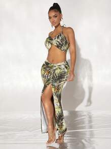 SHEIN SXY 熱帶圖案繞頸短上衣和高衩半身裙 - 彩色 - 查看 5