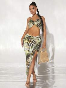 SHEIN SXY 熱帶圖案繞頸短上衣和高衩半身裙 - 彩色 - 查看 6