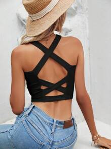SHEIN Frenchy Criss Cross Back Crop Tank Top - Black - View 3