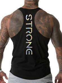 GymBeat Boyfriend Style Men Letter Graphic Racerback Sports Tank Top Workout Tops, Gym, Graphic, Plain, Reflective, Men's Gym Tank Top, Athletic Tank Top Workout Tops Gym Top Breathable Compression Shirt Men - Black - View 1