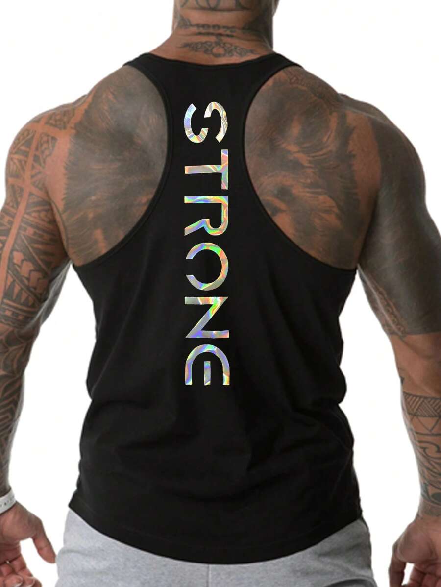 GymBeat Boyfriend Style Men Letter Graphic Racerback Sports Tank Top Workout Tops, Gym, Graphic, Plain, Reflective, Men's Gym Tank Top, Athletic Tank Top Workout Tops Gym Top Breathable Compression Shirt Men - Black - View 1