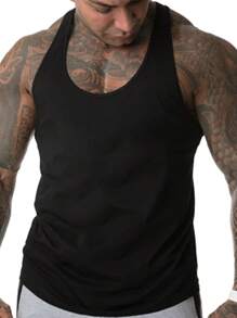 GymBeat Boyfriend Style Men Letter Graphic Racerback Sports Tank Top Workout Tops, Gym, Graphic, Plain, Reflective, Men's Gym Tank Top, Athletic Tank Top Workout Tops Gym Top Breathable Compression Shirt Men - Black - View 2