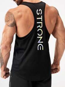 GymBeat Boyfriend Style Men Letter Graphic Racerback Sports Tank Top Workout Tops, Gym, Graphic, Plain, Reflective, Men's Gym Tank Top, Athletic Tank Top Workout Tops Gym Top Breathable Compression Shirt Men - Black - View 3
