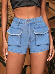 SHEIN EZwear Quần short denim nữ Túi Dây kéo Nút màu trơn - Rửa nhẹ - Xem 1