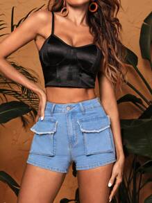 SHEIN EZwear Quần short denim nữ Túi Dây kéo Nút màu trơn - Rửa nhẹ - Xem 5