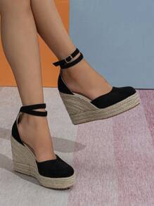 女士草編鞋底踝帶度假仿麂皮淺口坡跟鞋