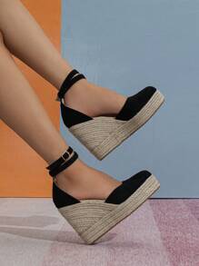 女士草編鞋底踝帶度假仿麂皮淺口坡跟鞋