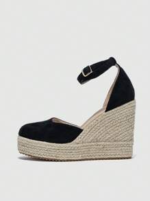 女士草編鞋底踝帶度假仿麂皮淺口坡跟鞋