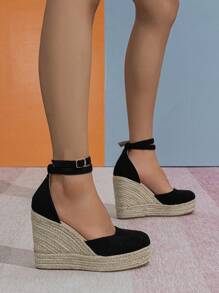 女士草編鞋底踝帶度假仿麂皮淺口坡跟鞋