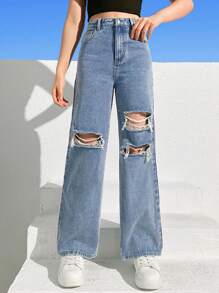 SHEIN 青少年女孩破洞直筒牛仔褲 - 淺色水洗藍 - 查看 1