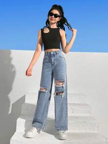 SHEIN 青少年女孩破洞直筒牛仔褲 - 淺色水洗藍 - 查看 4